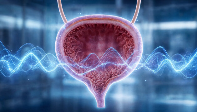 Anatomical illustration of a human urinary bladder with digital wave frequency
