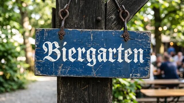 Rustic wooden sign hanging outdoors at a traditional beer garden