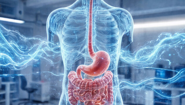 Digital 3D visualization of human digestive system anatomy with glowing energy flow