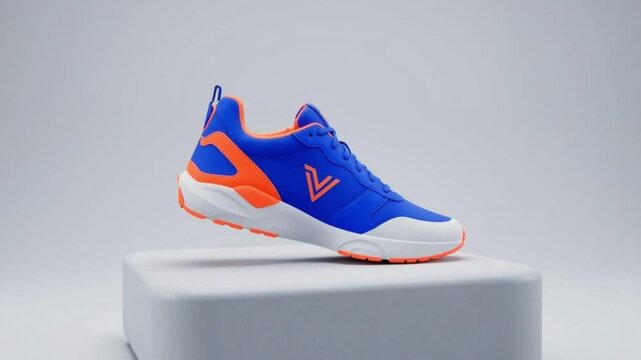 A detailed 3D sneaker model in vibrant blue and orange dramatically explodes into its individual components, hovering above a white pedestal with dynamic movement.