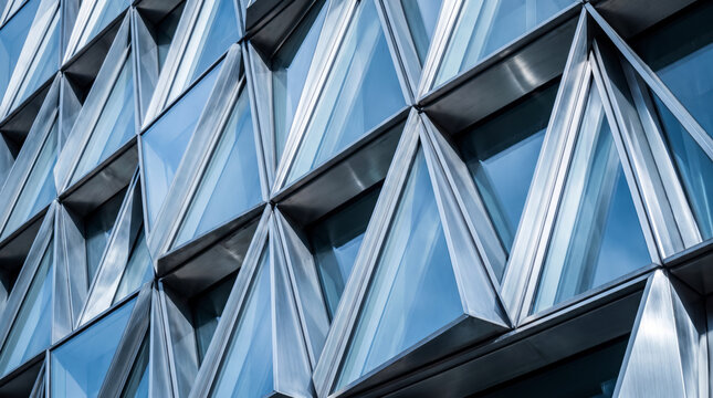 Faceted glass and steel facade forms a sharp geometric abstract architectural pattern