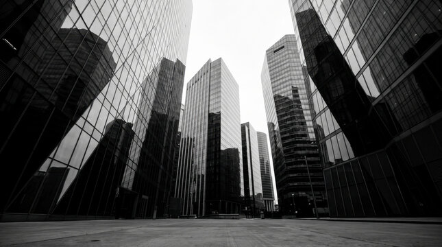 Monochrome downtown skyscrapers converge in dramatic urban architecture abstraction