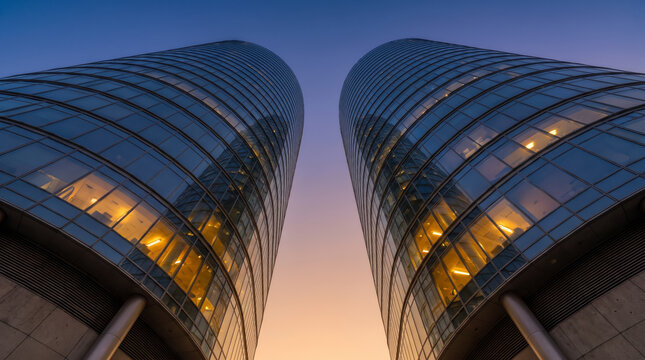 Twin curved glass towers converge above a dusk-lit downtown urban skyline scale