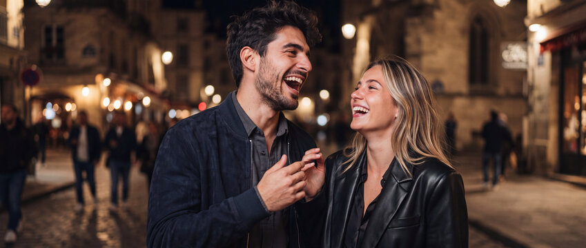 Happy couple laughing on night street during romantic evening date in European city, wearing dark jackets among warm bokeh lights for tourism campaigns and lifestyle promotion
