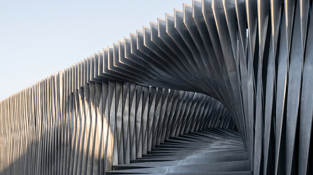 Twisted metal lamella facade spirals into an abstract geometric architectural tunnel