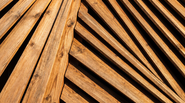 Sunlit timber louvers fan into a warm radiating abstract architectural pattern