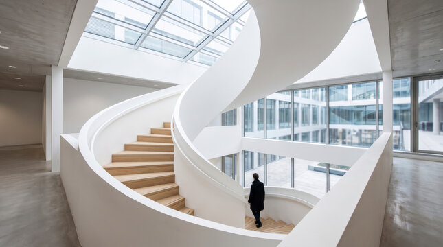 Solitary figure descends a sweeping white spiral staircase inside a modern atrium