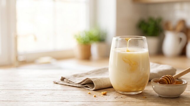 Warm milk with honey in glass on wooden table in cozy kitchen  
