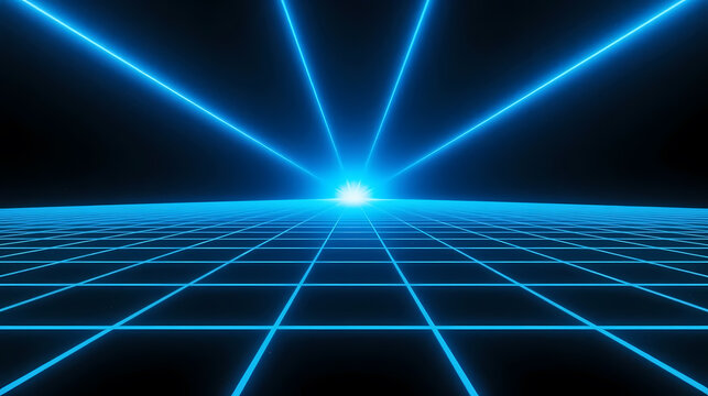 Blue glowing grid lines converging in black void