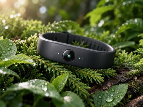 Activity Tracker in Nature: A sleek, black activity tracker rests on a mossy branch surrounded by lush green leaves, showcasing technology integrated with the natural world.