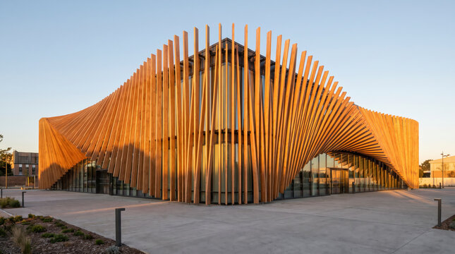 Radiating timber louver facade curves across a modern cultural building at dusk