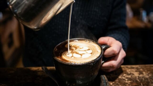 Close-up of a barista's hands skillfully pouring frothed milk into a cup of dark chai tea, creating intricate latte art with beautiful swirls on a warm wooden counter.