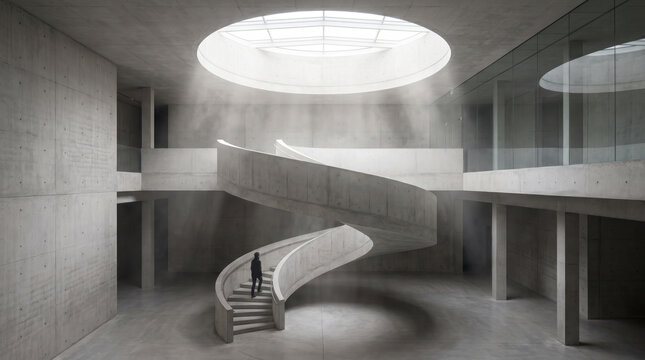 Circular skylight illuminates a solitary figure on a concrete museum staircase