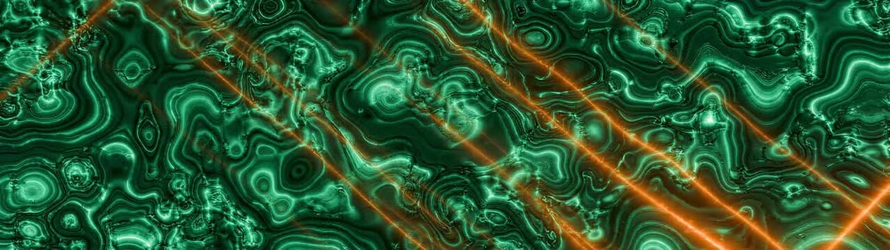 Liquid malachite texture with glowing orange laser lines fluid motion background for digital art and futuristic technology concepts.
