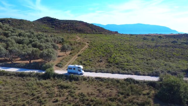 Campervan on Dirt Road near Zvernec Beach Albania 4K