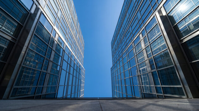 Twin glass towers converge skyward in a symmetric downtown urban geometric abstraction