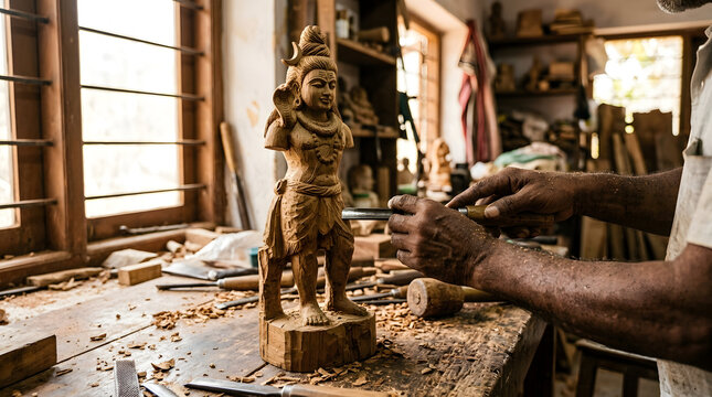 Artisan hand carving a wooden statue of lord shiva in workshop