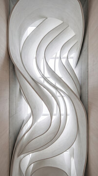 Sculptural white ribbons weave vertically through a modern atrium skylight