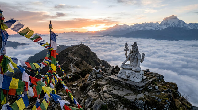 Lord shiva meditation statue overlooking a sea of clouds at sunrise