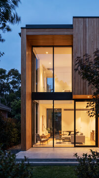 Modern timber-clad house glows warmly at dusk beneath silhouetted trees