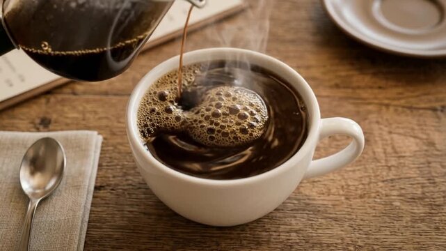 Steaming hot coffee slowly pouring into a pristine white ceramic cup on a cozy wooden table, surrounded by a book and spoon, creating an inviting morning ritual.