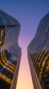Twin wavy glass towers converge skyward above a dusk-lit downtown skyline