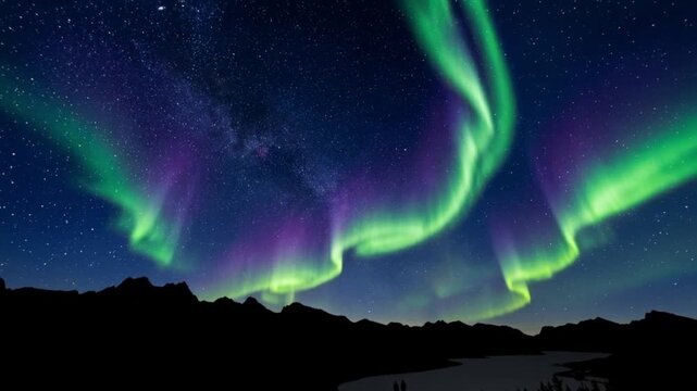 Vibrant green and purple Aurora Borealis ribbons gracefully ripple across a star-filled night sky, illuminating a majestic mountain landscape with a calm river below.
