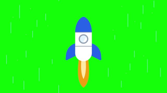 Animated rocket launching upwards on green screen background
