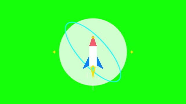 Animated rocket launching into space with orbiting ring