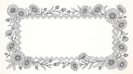 Obraz premium Vintage style hand drawn rectangular frame adorned with delicate daisy flowers and a subtle zigzag border perfect for wedding invitations greeting cards or decorative labels