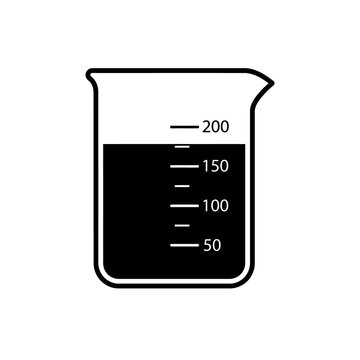 Laboratory glass beaker containing dark liquid with graduated measurement markings design isolated on transparent background for scientific research experiment usage.