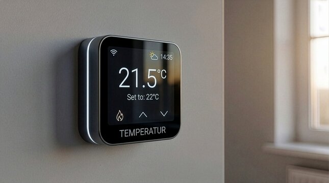 A close-up shot of a modern square smart thermostat mounted on a wall displaying 21.5 degrees Celsius, featuring a sleek digital touch screen interface with a blurred window background.