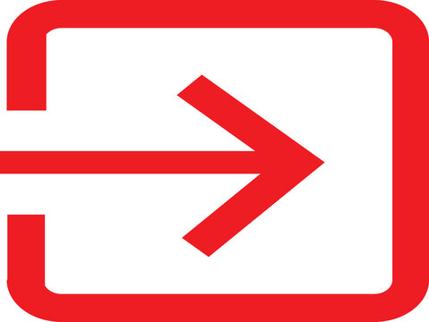 Minimalist red right arrow entering square portal icon isolated on white