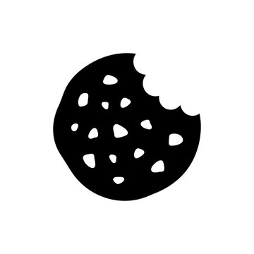 Chocolate chip cookie with bite mark black silhouette icon for food industry branding or bakery website graphic design elements on clean transparent background.