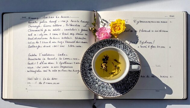 Open journal with herbal tea and yellow and pink roses