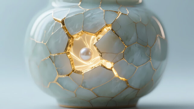 Cracked celadon vase glowing with gold light