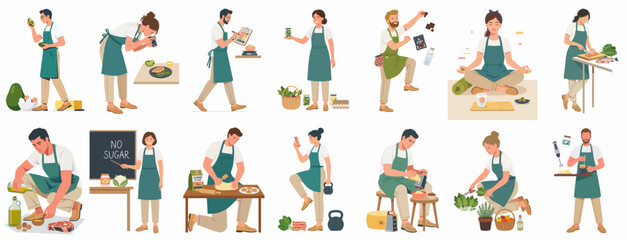 Fototapeta premium A collection of diverse people in green aprons engaged in various culinary and health activities like cooking, meditating, and gardening on a white background.