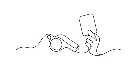 Obraz premium Single line drawing of a whistle and penalty card. Continuous line drawing showing sports officiating equipment used to signal fouls and rule violations during matches.