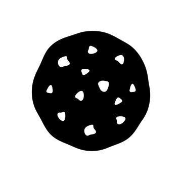 Black chocolate chip cookie icon isolated on gray background for bakery shop menu dessert branding sweet snacks and confectionery industry advertising material.