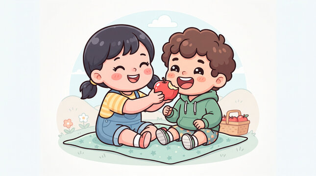 Cute kid feeding fresh red apple to another child with smiling face cartoon mascot vector illustration with bold outlines on light background