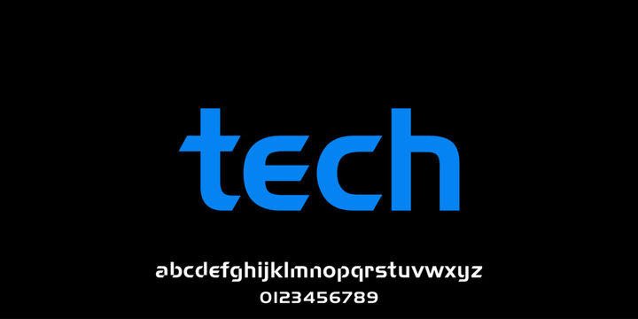 Blue technical sans serif font tech on black background.