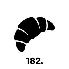 Fresh crescent croissant black silhouette icon isolated on transparent background with number 182 for bakery shop menu or pastry cafe culinary branding design. © Mr