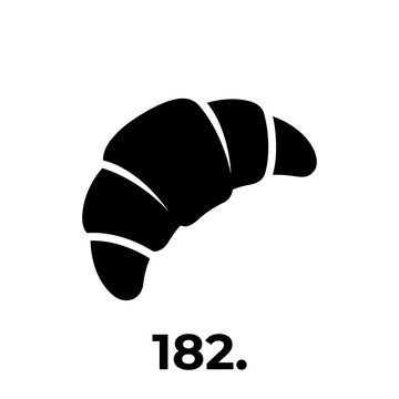 Fresh crescent croissant black silhouette icon isolated on transparent background with number 182 for bakery shop menu or pastry cafe culinary branding design.