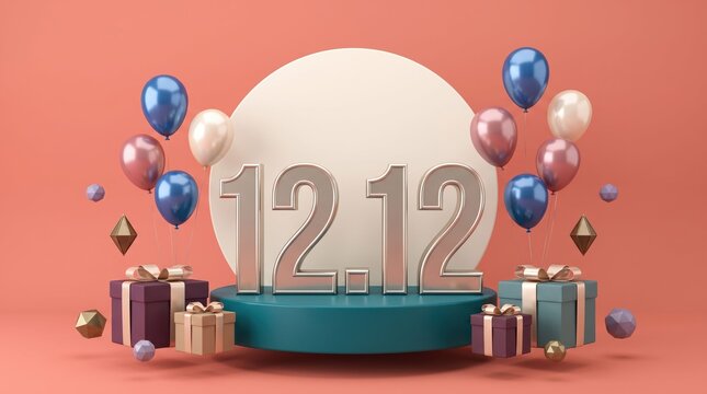 Colorful celebration balloons with gifts and large 1212 number