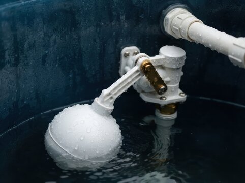rainwater harvesting apartment building White float valve in water tank with visible water droplets and pipe connection