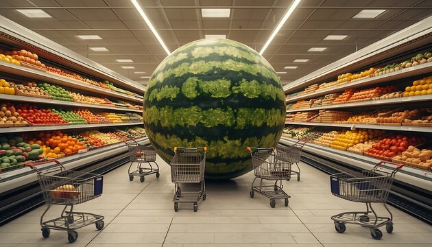 A gigantic watermelon sits in the middle of a supermarket produce aisle with shopping carts.