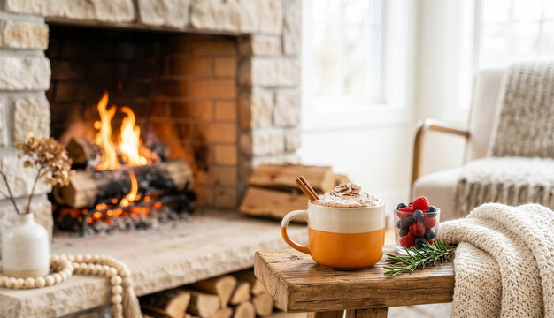 Cozy fireplace with hot drink and warm blanket in a living room  