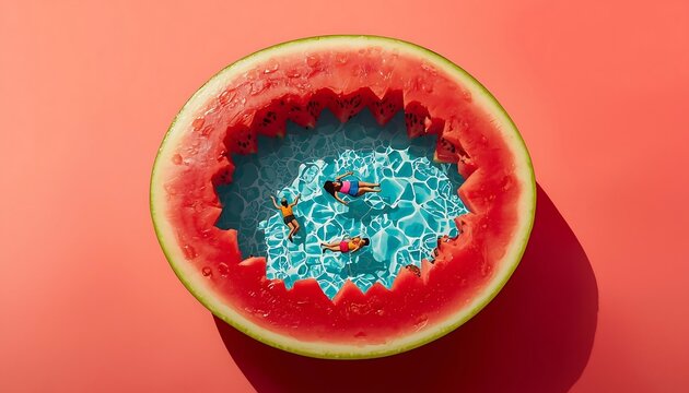 A sliced watermelon with a blue pool inside resembles a swimming pool with tiny swimmers.