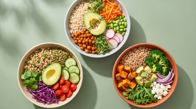 Overhead View of Assorted Vegan Grain Bowls with Avocado, Roasted Chickpeas, Vegetables, and Seeds