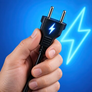 Power Connection: A human hand holds a black electrical plug with a glowing blue lightning bolt symbol, set against a vibrant blue background with a neon lightning bolt graphic.